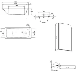 Kaldewei 170x70 cm Ensemble baignoire Eurowa universelle + Pare baignoire pivotant chrome + pieds (KW312-SETP1)