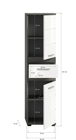Meuble De Salle De Bains Faible Profondeur|Chb Collection Kaleb - Colonne basse en mélaminé blanc et argenté (L/H/P : 35x137x31 cm)