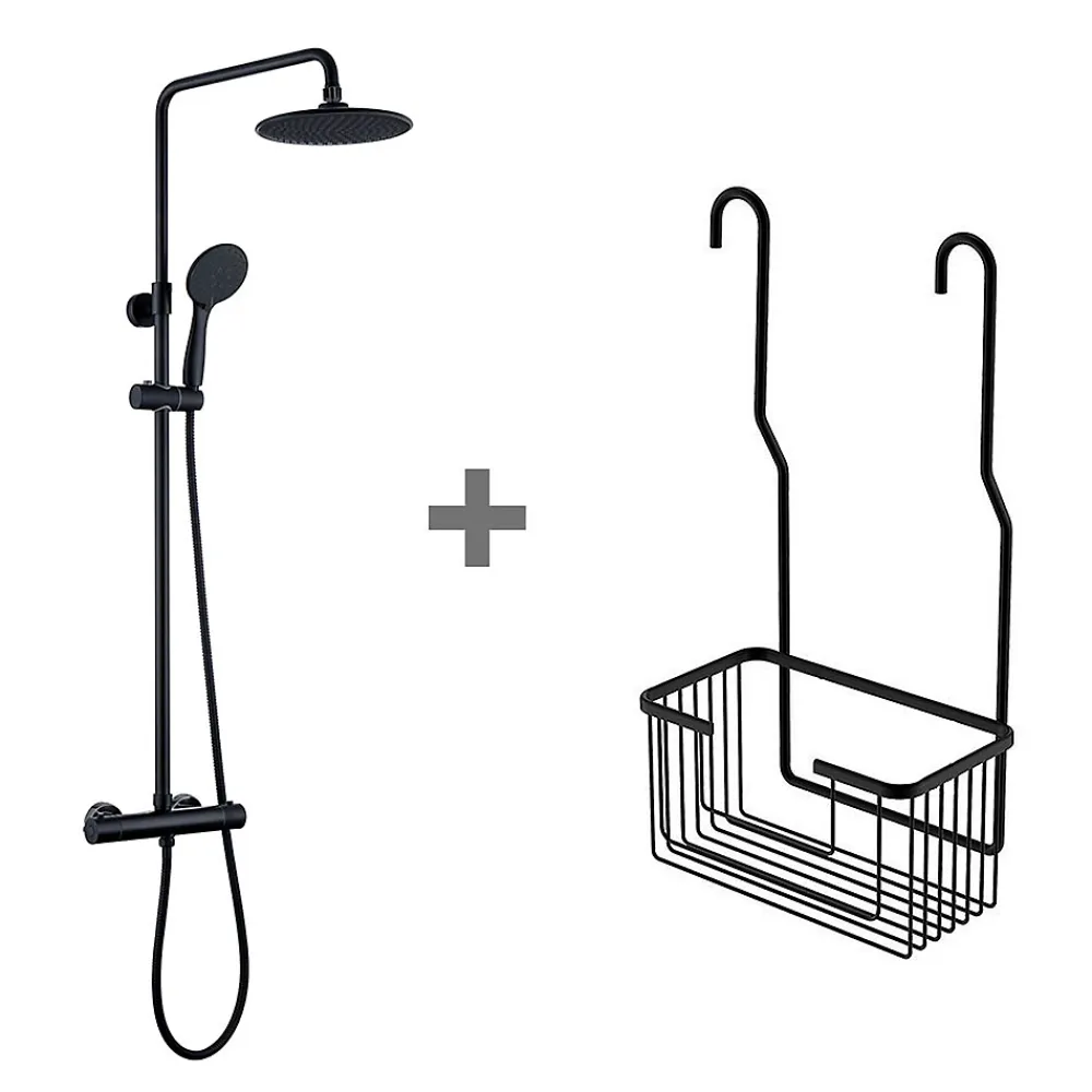 Kibath Pack colonne et porte-gel thermostatique rond, finition noir mat, en laiton