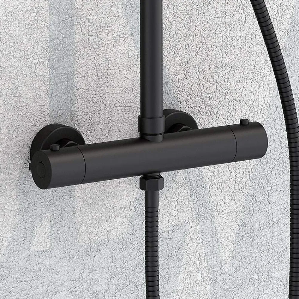 Kibath Pack colonne et porte-gel thermostatique rond, finition noir mat, en laiton