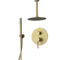 Kibath Robinet de douche encastré, monocommande ronde au plafond, finition or brossé, or mat, en laiton