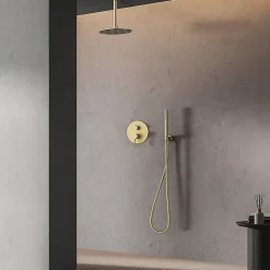 Kibath Robinet de douche encastré, monocommande ronde au plafond, finition or brossé, or mat, en laiton
