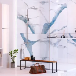 Panneau Mural De Salle De Bains|Kobert-in Kit de 2 Panneaux d'Habillage Décoratif Mural Douche, L120xl120x0.4 cm, finition bleu, Calacatta BLUE KOBERTIN