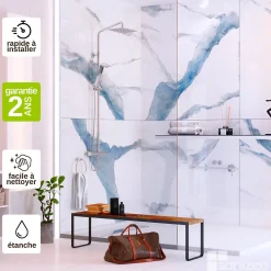 Panneau Mural De Salle De Bains|Kobert-in Kit de 2 Panneaux d'Habillage Décoratif Mural Douche, L120xl120x0.4 cm, finition bleu, Calacatta BLUE KOBERTIN
