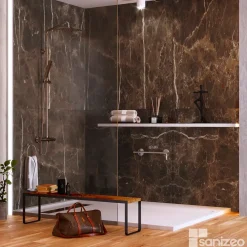 Kobert-in Kit de 2 Panneaux d'Habillage Décoratif Mural Douche, L120xl120x0.4 cm, finition marbre marron, Emperador KOBERTIN