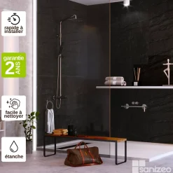 Panneau Mural De Salle De Bains|Kobert-in Kit de 2 Panneaux d'Habillage Décoratif Mural Douche, L120xl120x0.4 cm, finition finition pierre noire, Manson KOBERTIN