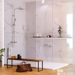 Panneau Mural De Salle De Bains|Kobert-in Kit de 2 Panneaux d'Habillage Décoratif Mural Douche, L120xl120x0.4 cm, finition marbre blanc, Mud White KOBERTIN
