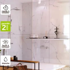 Panneau Mural De Salle De Bains|Kobert-in Kit de 2 Panneaux d'Habillage Décoratif Mural Douche, L120xl120x0.4 cm, finition marbre blanc, Mud White KOBERTIN