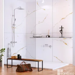 Panneau Mural De Salle De Bains|Kobert-in Kit de 2 Panneaux d'Habillage Décoratif Mural Douche, L120xl120x0.4 cm, finition doré, Calacatta GOLD KOBERTIN