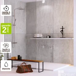 Panneau Mural De Salle De Bains|Kobert-in Kit de 2 Panneaux d'Habillage Décoratif Mural Douche, L120xl120x0.4 cm, finition béton, Urban Concrete KOBERTIN