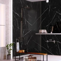 Kobert-in Kit de 2 Panneaux d'Habillage Décoratif Mural Douche, L120xl120x0.4 cm, finition marbre noir, Infinite Black KOBERTIN