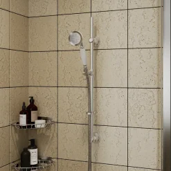 GoodHome Kit de douche sans robinetterie avec douchette 1 jet + flexible + barre réglable Etel argent