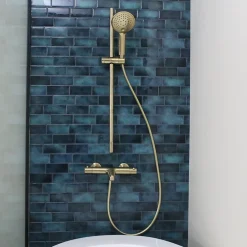 Essebagno Kit de douche sans robinetterie avec douchette 3 jets + flexible + barre réglable, doré, Luisa