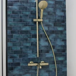 Essebagno Kit de douche sans robinetterie avec douchette 3 jets + flexible + barre réglable, doré, Luisa