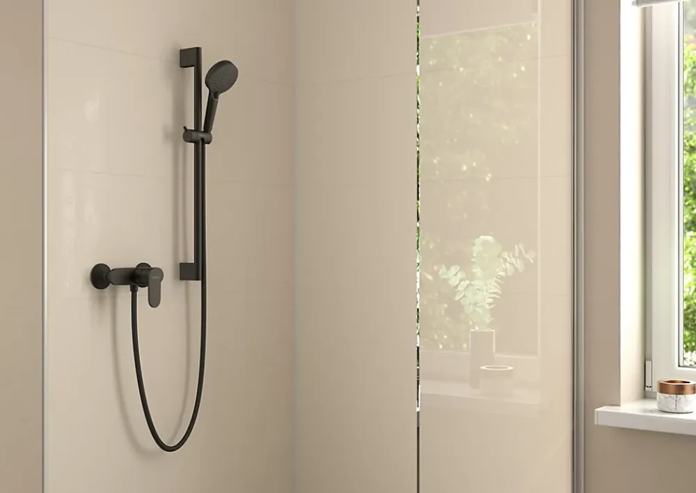 Colonne De Douche Sans Robinetterie|Hansgrohe Kit de douche sans robinetterie avec pommeau + douchette 2 jets + barre réglable, noir, Vernis Blend