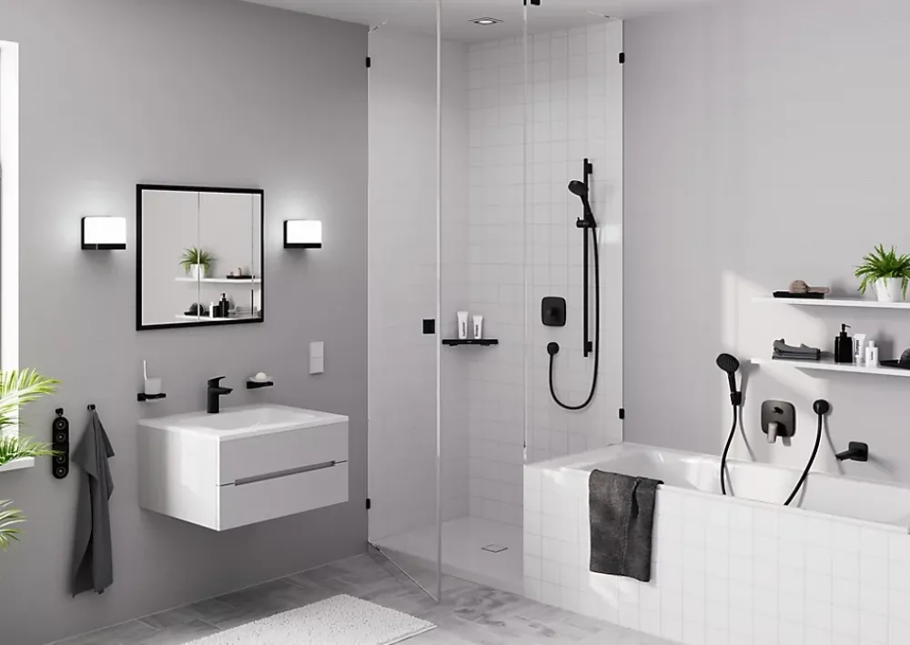 Colonne De Douche Sans Robinetterie|Hansgrohe Kit de douche sans robinetterie avec pommeau + douchette 2 jets + barre réglable, noir, Vernis Blend