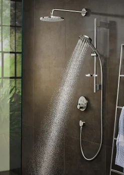 Colonne De Douche Sans Robinetterie|Hansgrohe Kit de douche sans robinetterie avec douchette 3 jets + flexible + barre réglable, chrome, Raindance Select