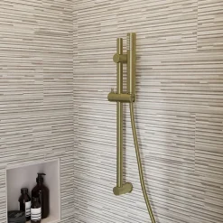 GoodHome Kit de douche sans robinetterie avec barre réglable + douchette + flexible, doré brossé, Owens