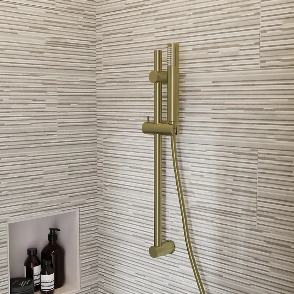 GoodHome Kit de douche sans robinetterie avec barre réglable + douchette + flexible, doré brossé, Owens