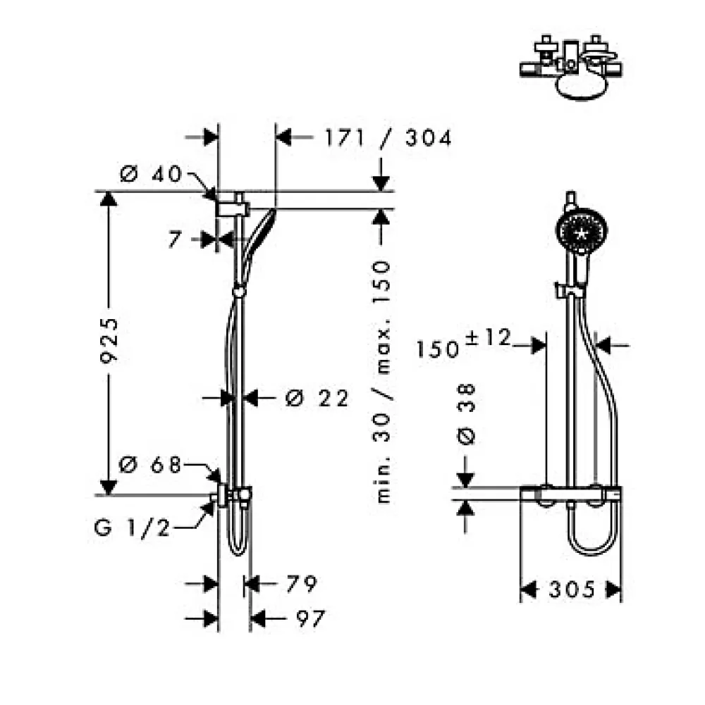 Hansgrohe Kit de douche thermostatique avec douchette 3 jets + flexible + barre réglable, chrome, My Select S 150