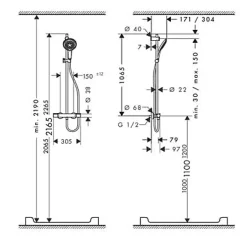 Hansgrohe Kit de douche thermostatique avec douchette 3 jets + flexible + barre réglable, chrome, My Select S 150