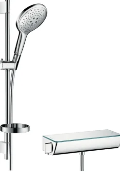 Hansgrohe Kit de douche thermostatique avec douchette 3 jets + flexible + barre réglable, chrome, Raindance Select S 150