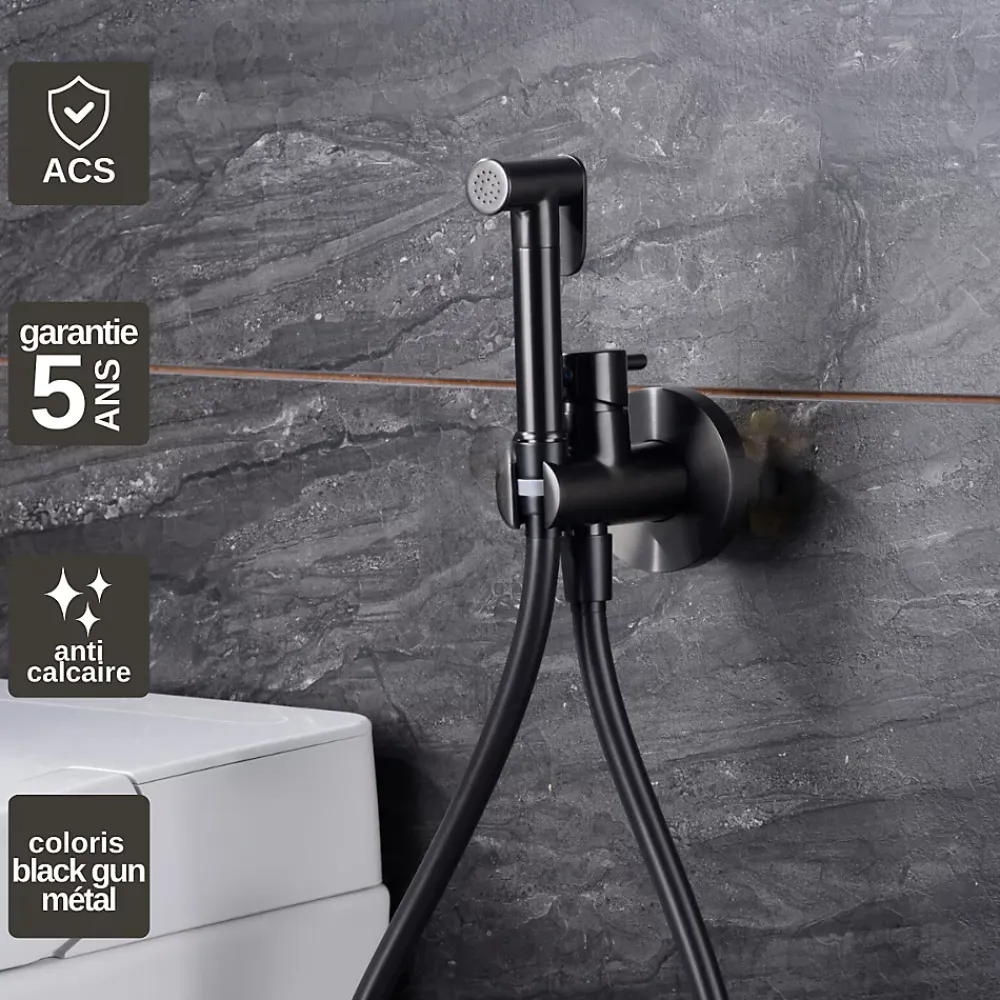 Robinet De Bidet|Imex Kit Douchette anti-calcaire hygiénique encastrée WC ou Bidet Salle de Bain Black Gun Métal MUNICH RDM001/BGM