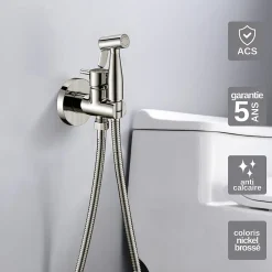 Robinet De Bidet|Imex Kit Douchette anti-calcaire hygiénique encastrée WC ou Bidet Salle de Bain Nickel Brossé MUNICH RDM001/NQ
