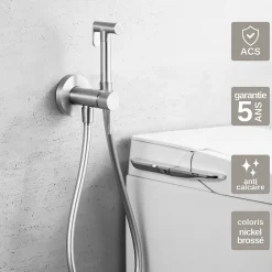 Robinet De Bidet|Imex Kit Douchette anti-calcaire hygiénique encastrée WC ou Bidet Salle de Bain Nickel Brossé LINE RDD038/NQ