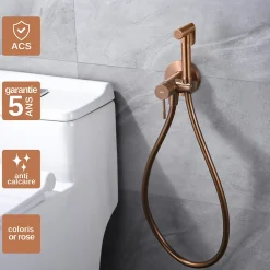 Imex Kit Douchette anti-calcaire hygiénique encastrée WC ou Bidet Salle de Bain Or Rose LINE RDD038/ORC