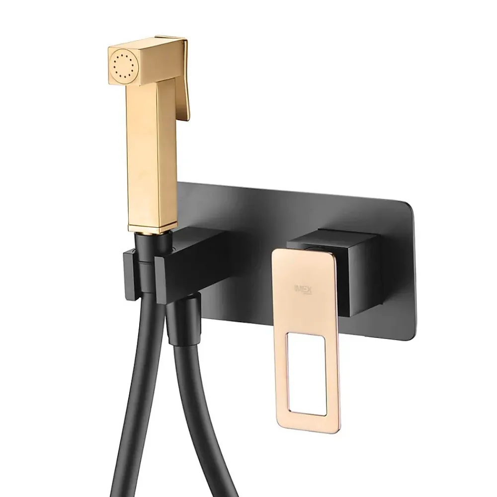 Robinet De Bidet|Imex Kit Douchette anti-calcaire hygiénique encastrée WC ou Bidet Salle de Bain Noir et Or SUECIA BDC032-5/NGOLD