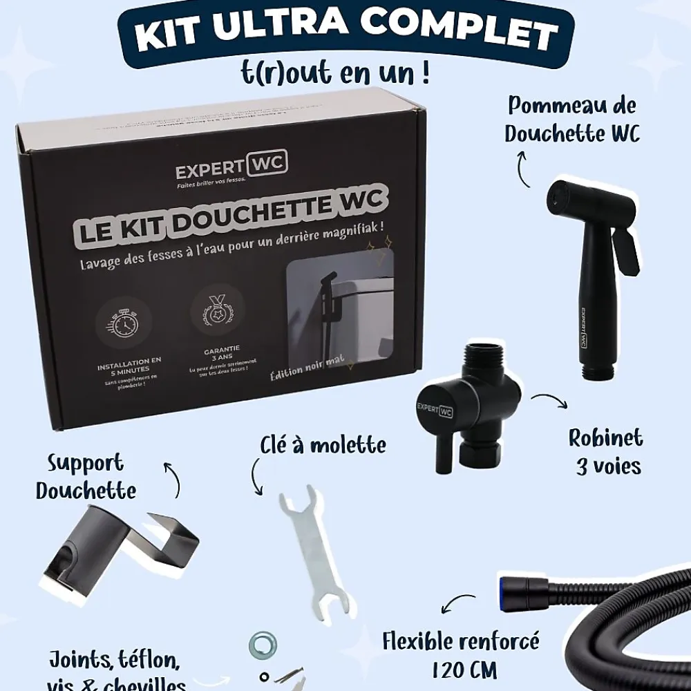 Magnifiak Kit Douchette WC Noir avec Robinet 3 voies (Brevet Déposé) - Marque Française - Qualité supérieure - Uranus Expert WC