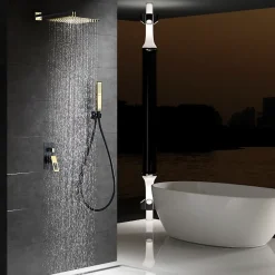 Colonne De Douche Mécanique|Imex Products Kit encastre douche 2 voies acier et laiton noir et or avec pomme de 25x25 cm