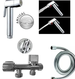 MTK Kit hygiène WC avec douchette 2 jets + flexible + support mural + robinet alimentation, chrome, Harmonie