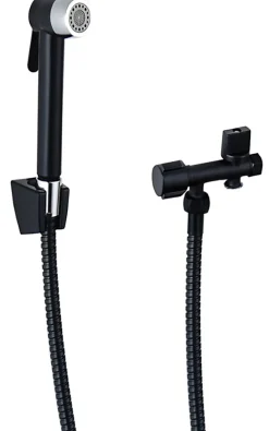 MTK Kit hygiène WC avec douchette 2 jets + flexible + support mural + robinet alimentation, noir/chrome, Harmonie