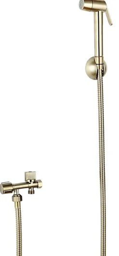 MTK Kit hygiène WC avec douchette 2 jets + flexible + support mural + robinet alimentation, doré brossé, Harmonie