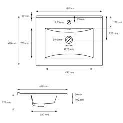 Luxebath Lavabo à encastrer noir mat céramique avec bouchon de vidange 615 x 470 x 175 mm