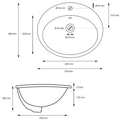 Luxebath Lavabo à encastrer noir mat céramique bouchon de vidange argent
