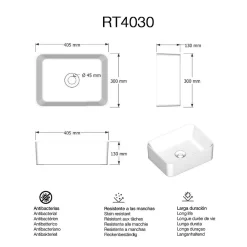 Poalgi Lavabo à poser RT4030 céramique 40,5x13x30 cm blanc