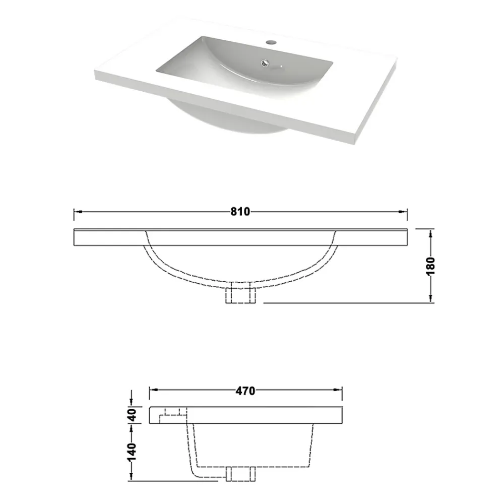 Plan Simple Vasque|AICA Sanitaire Lavabo blanc 81x47x17.5 cm, Lavabo rectangulaire en marbre artificiel,