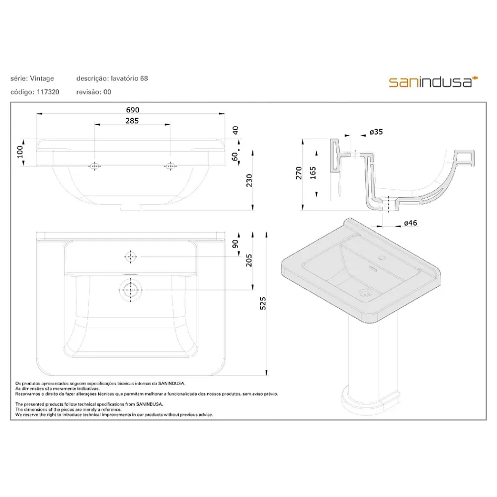 Sanindusa Lavabo 68cm céramique traditionnelle Vintage blanc (compatible avec la colonne Vintage non incluse)