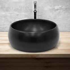 Luxebath Lavabo en ceramique noir mat vasque a poser ronde pour salle de bain 400x155 mm