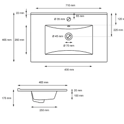 ECD Germany Lavabo en céramique blanc avec garniture de vidage et trop-plein 710x465x175 mm