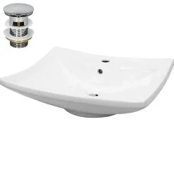Vasque À Poser|ECD Germany Lavabo en céramique blanc avec garniture de vidage lave-mains moderne 605x165 mm