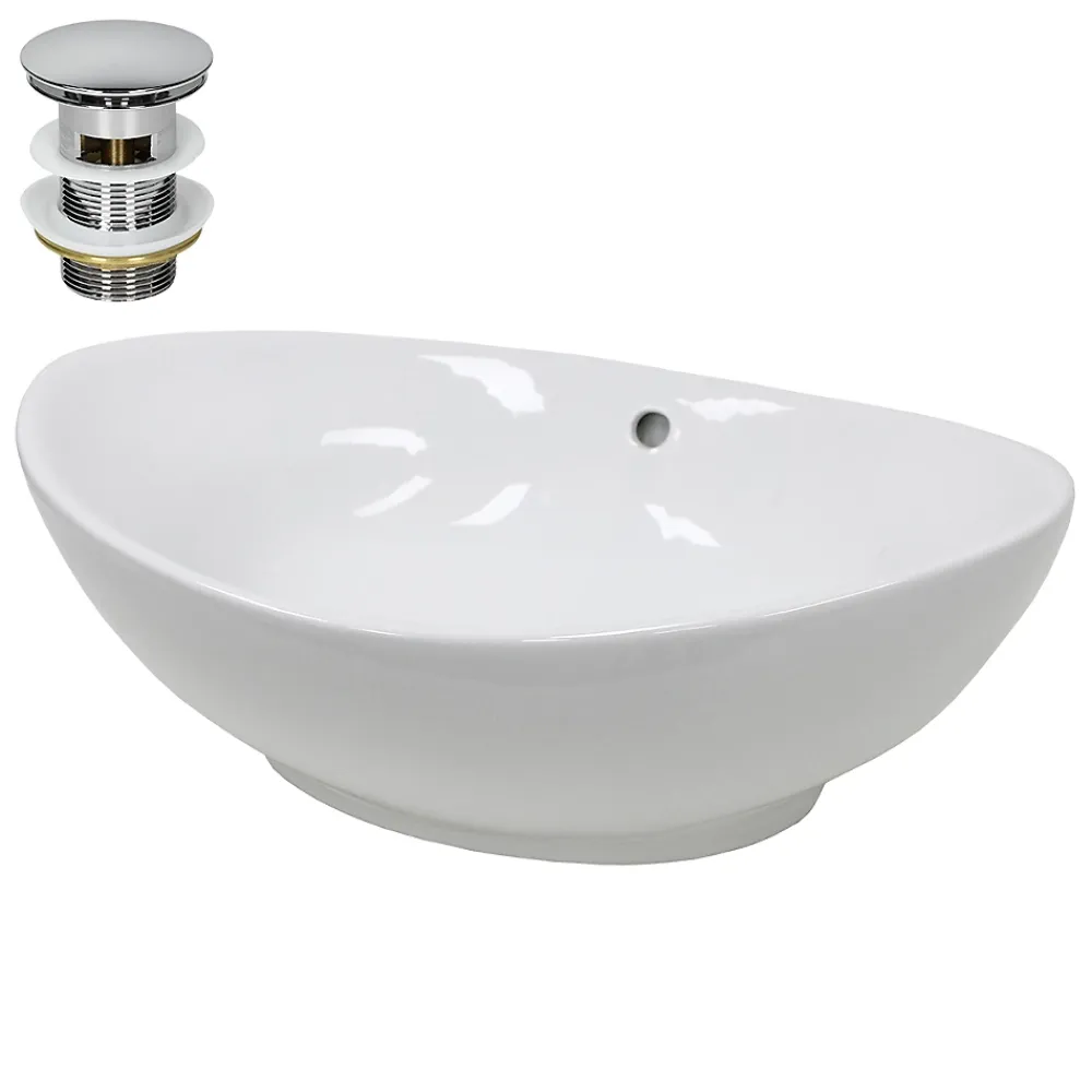 ECD Germany Lavabo en céramique blanc avec garniture de vidage lave-mains moderne 590x390 mm