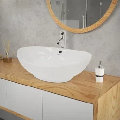 ECD Germany Lavabo en céramique blanc avec garniture de vidage lave-mains moderne 590x390 mm