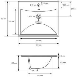 Vasque À Encastrer|Ml-Design Lavabo en céramique blanc avec garniture de vidage et trop-plein 510x155x415 mm