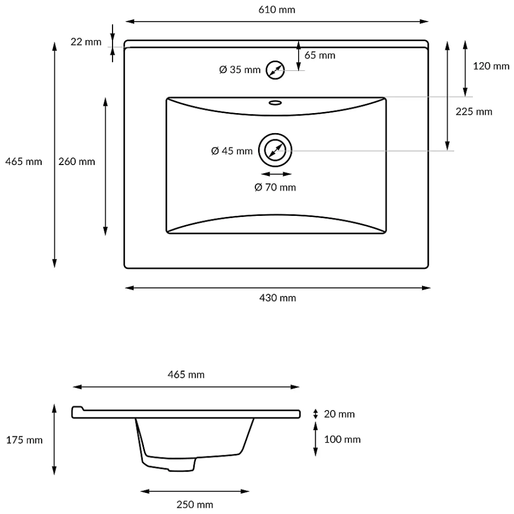 ECD Germany Lavabo en céramique blanc avec garniture de vidage et trop-plein 610x465x175 mm