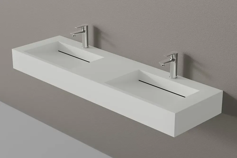 Lavabo|Bernstein Lavabo mural en fonte minérale 153x45x15cm Blanc mat, Sans Console métallique métallique