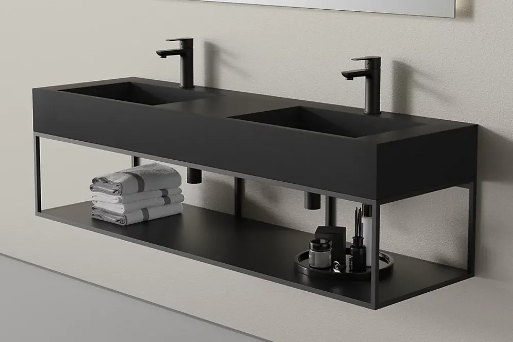Lavabo|Bernstein Lavabo mural en fonte minérale 153x45x15cm Blanc mat + Console métallique suspendue 150S